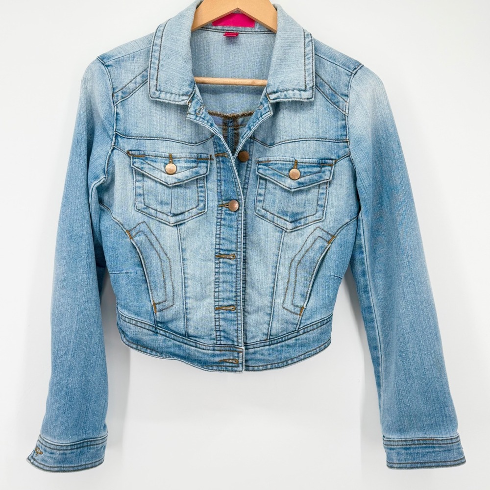 Women's Light Wash Cropped Stretch Denim Jacket Button Front Jean Jacket Size M